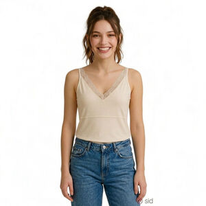 Spanx Hide Sleek V-Neck Ivory Lace Trim Tank Top Shapewear Cami - Large